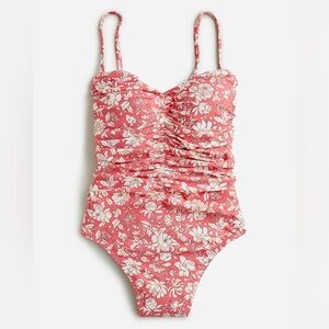NWOT J. Crew Coral Pink Floral Ruched One-Piece Swimsuit Hi- Bikini sz 8